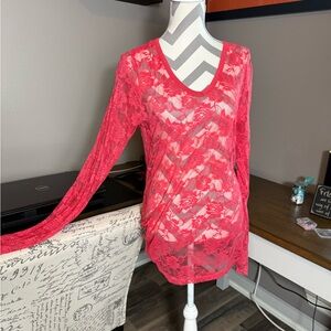 Vocal Dark Coral Sheer Long Sleeve Blouse